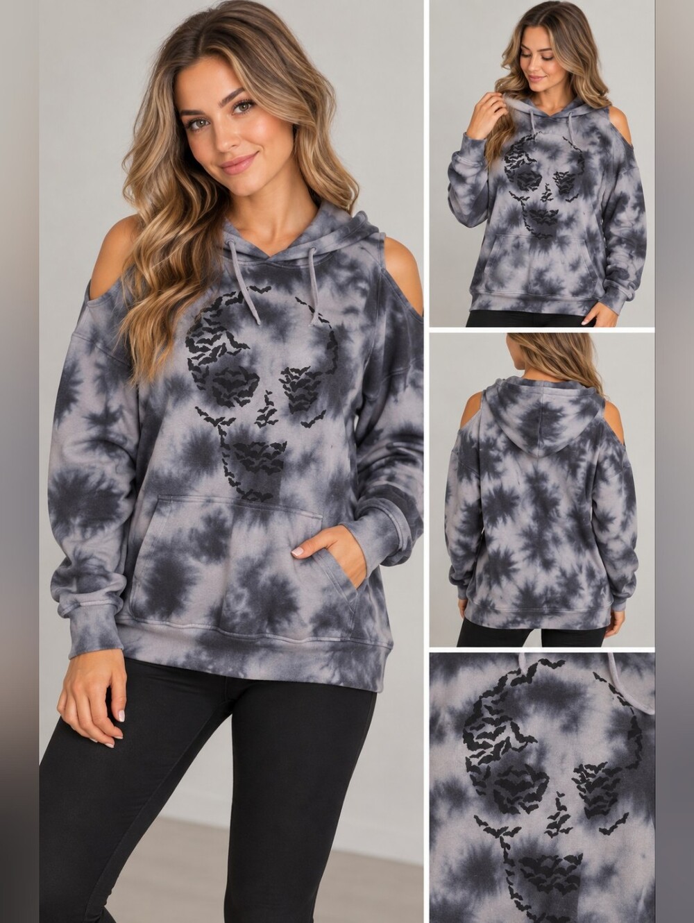 Torrid Women's 00 large grey tie dye skull cold shoulder hoodie #27